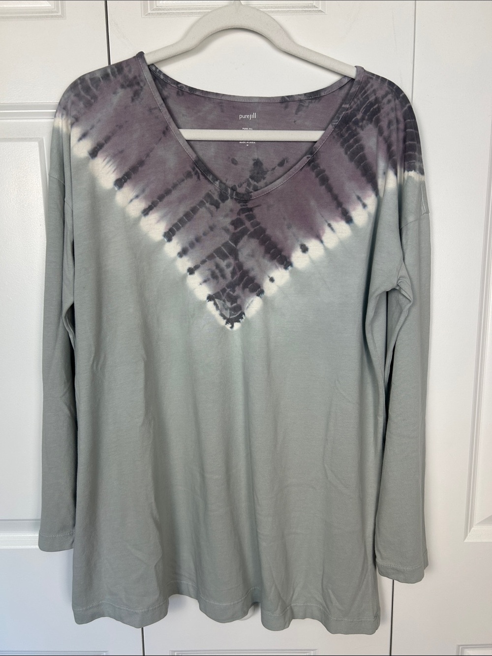 J. Jill Sage Long Sleeve V-Neck Top with Purple Tie-Dye Yoke Size Medium